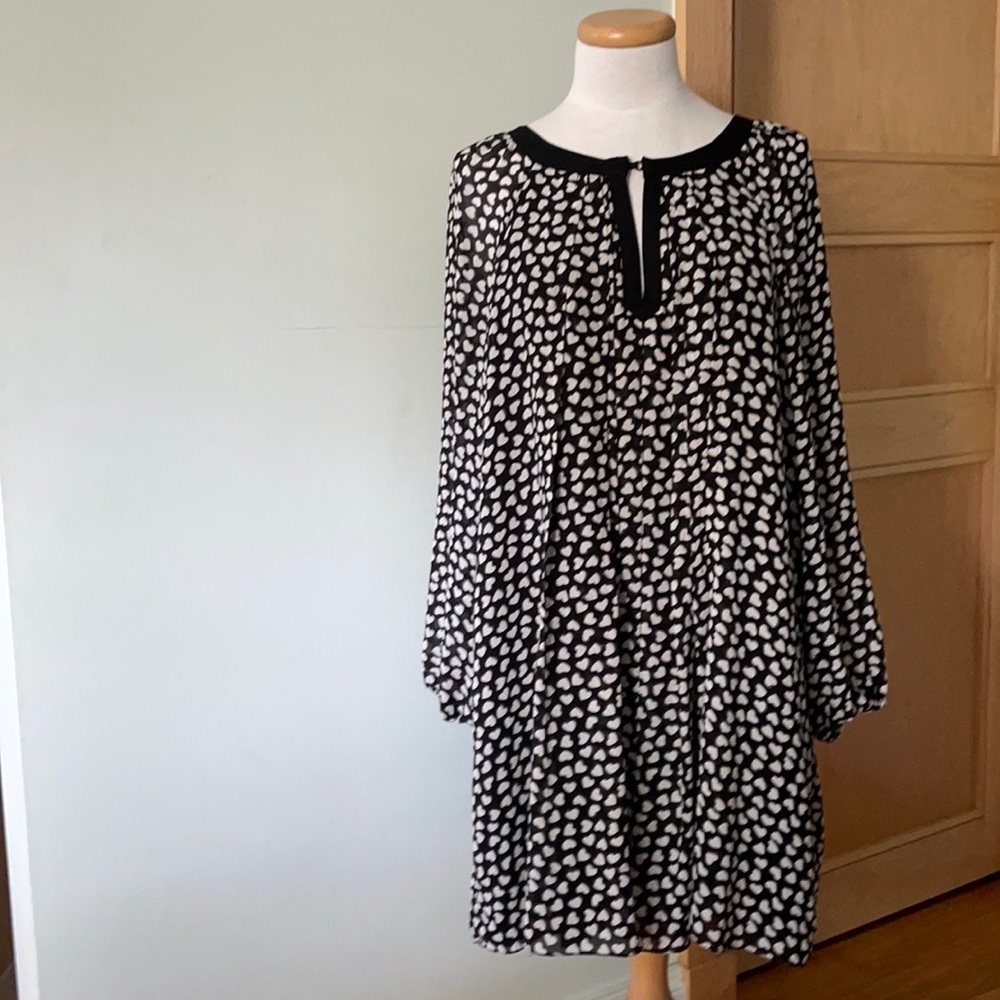 Max Studio Long Sleeved Black Mini Shift Dress With White Hearts, Size L